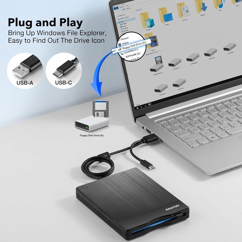 RAAYOO Floppy Disk Reader 3.5 inch USB Floppy Disk Drive External 3 1/2 floppy disc reader Portable Floppy Diskette Drive USB C For PC Laptop Notebook Computer With Windows 11/10 (Brushed Texture, 3.5 inch) - Image 3